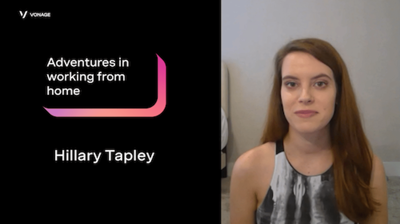 Hillary Tapley (Adventures in WFH) A left panel with the title "Adventures in working from home" above the name "Hillary Tapley" and a right panel with a headshot of Hillary.
