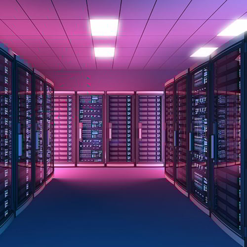 Image of a data center bathed in pink and purple light