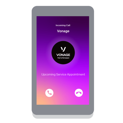 API SEO Branded Calling Blog Header Screenshot of a cell phone showing an incoming call, with branded info visible on the screen, including Vonage, the Vonage logo, and an alert that reveals that the call is about an Upcoming Service Appointment
