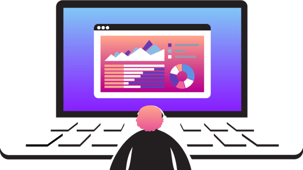 Einstein Analytics Illustration of person in front of laptop browser displaying charts and dashboard