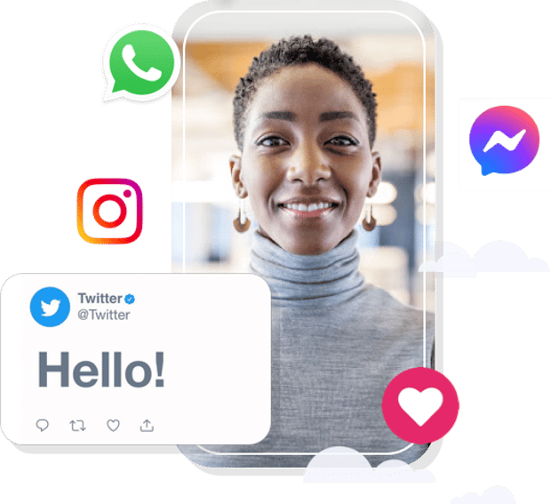 Conversational Commerce channels Image of woman on a screen with WhatsApp, Instagram, Twitter, Facebook social channel logos surrounding her