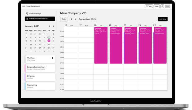 Virtual Receptionist Screen view of the calendaring function within Virtual Receptionist.