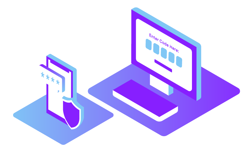 Verify 2.0 Early Access Header Image Illustration depicting two-factor authentication; a cell phone shows a four digit-code, behind it a computer screen has a row of boxes for the code to be entered